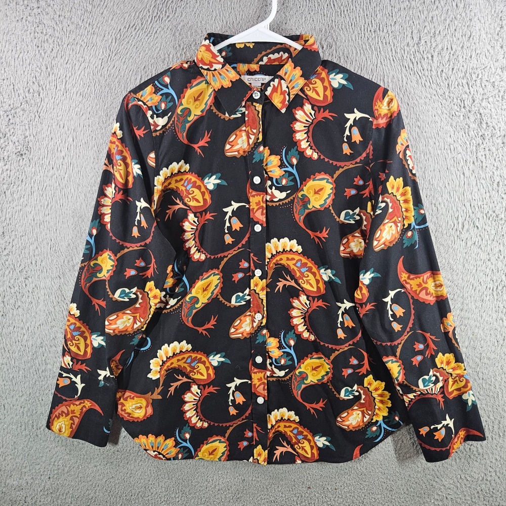 Chicos Womens Size 0.5 US 6 Paisley Button Down Shirt Long‎ Sleeve Black Floral